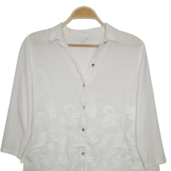 J. Jill White 100% Linen Floral Embroidered Button Down Tunic Top - Picture 3 of 6